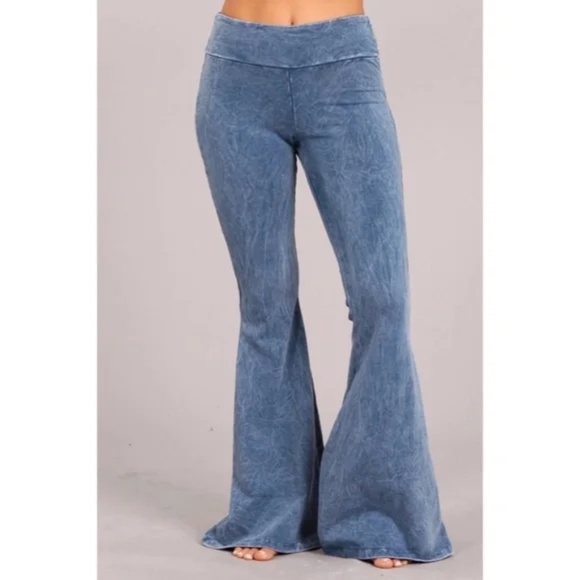 Pants - SOLD OUT Light Denim Mineral Wash French Terry Flared Bell Bottom Pull On Pants